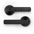 Two black smart door lock handles shown on a clean white background, one with a keypad panel and blue ring accent and one with a minimalist lever design.