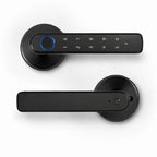 Two black smart door lock handles shown on a clean white background, one with a keypad panel and blue ring accent and one with a minimalist lever design.