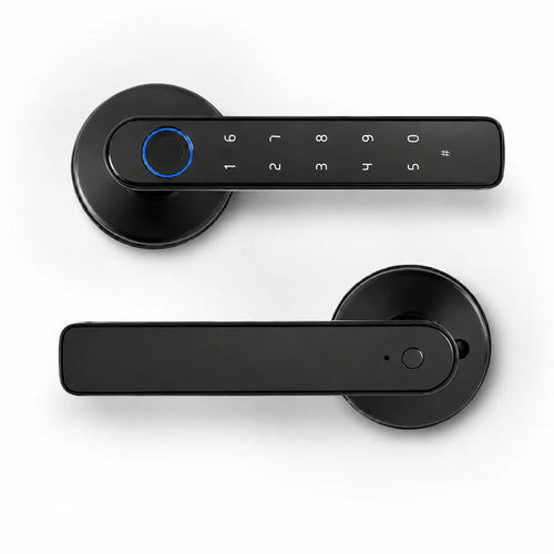 Two black smart door lock handles shown on a clean white background, one with a keypad panel and blue ring accent and one with a minimalist lever design.