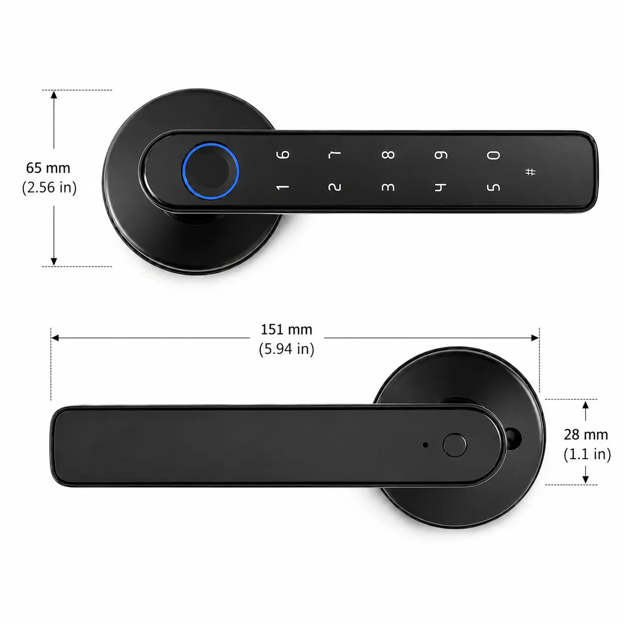 Black digital smart door handle shown from two angles with dimension annotations: 151 mm length, 28 mm thickness, and 65 mm width. The handle has a sleek rectangular keypad panel with white numerals and a blue circular touch button.