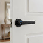 A modern black smart keypad door handle with a blue illuminated fingerprint sensor, mounted on a white interior door.