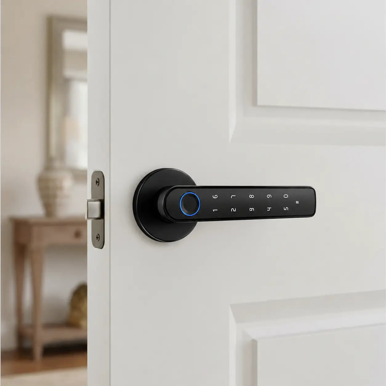 A modern black smart keypad door handle with a blue illuminated fingerprint sensor, mounted on a white interior door.
