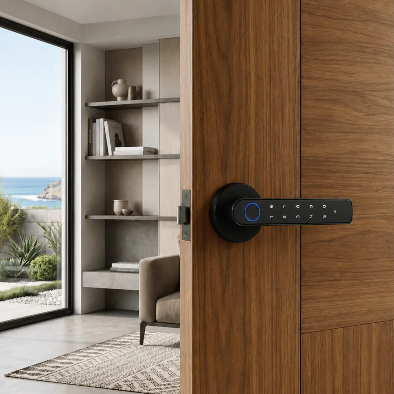 A modern black electronic smart door lock with a touch panel and blue circular感应 ring, mounted on a dark wood door next to an open doorway showing a bright living room and ocean view.