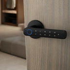 A modern black electronic keypad door lock mounted on a light wood door, with a blue illuminated fingerprint sensor and white numeric keys. The background shows a softly blurred indoor room.