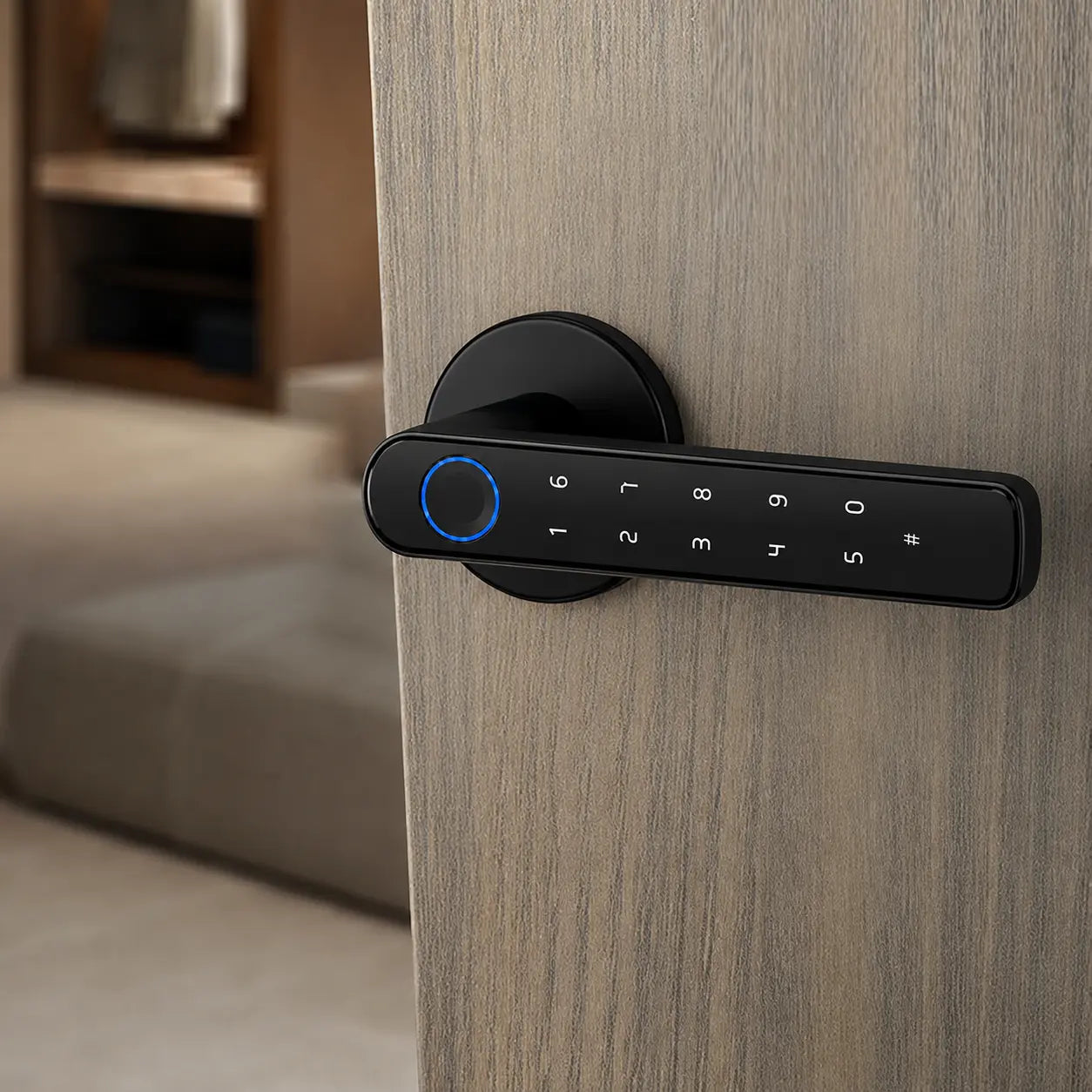 A modern black electronic keypad door lock mounted on a light wood door, with a blue illuminated fingerprint sensor and white numeric keys. The background shows a softly blurred indoor room.