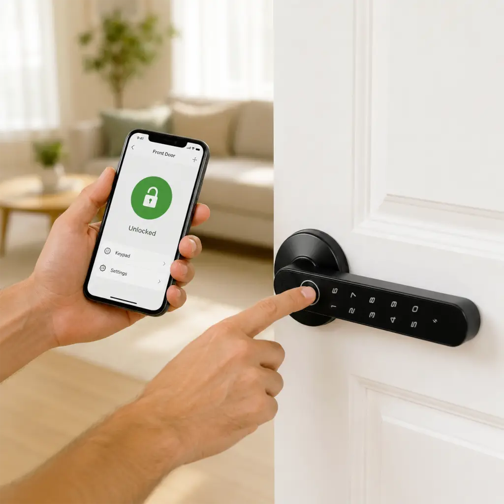 A black smart door lock mounted on a white door, with a person's hand touching the touchpad and holding a smartphone showing a lock app screen in a bright living room setting.