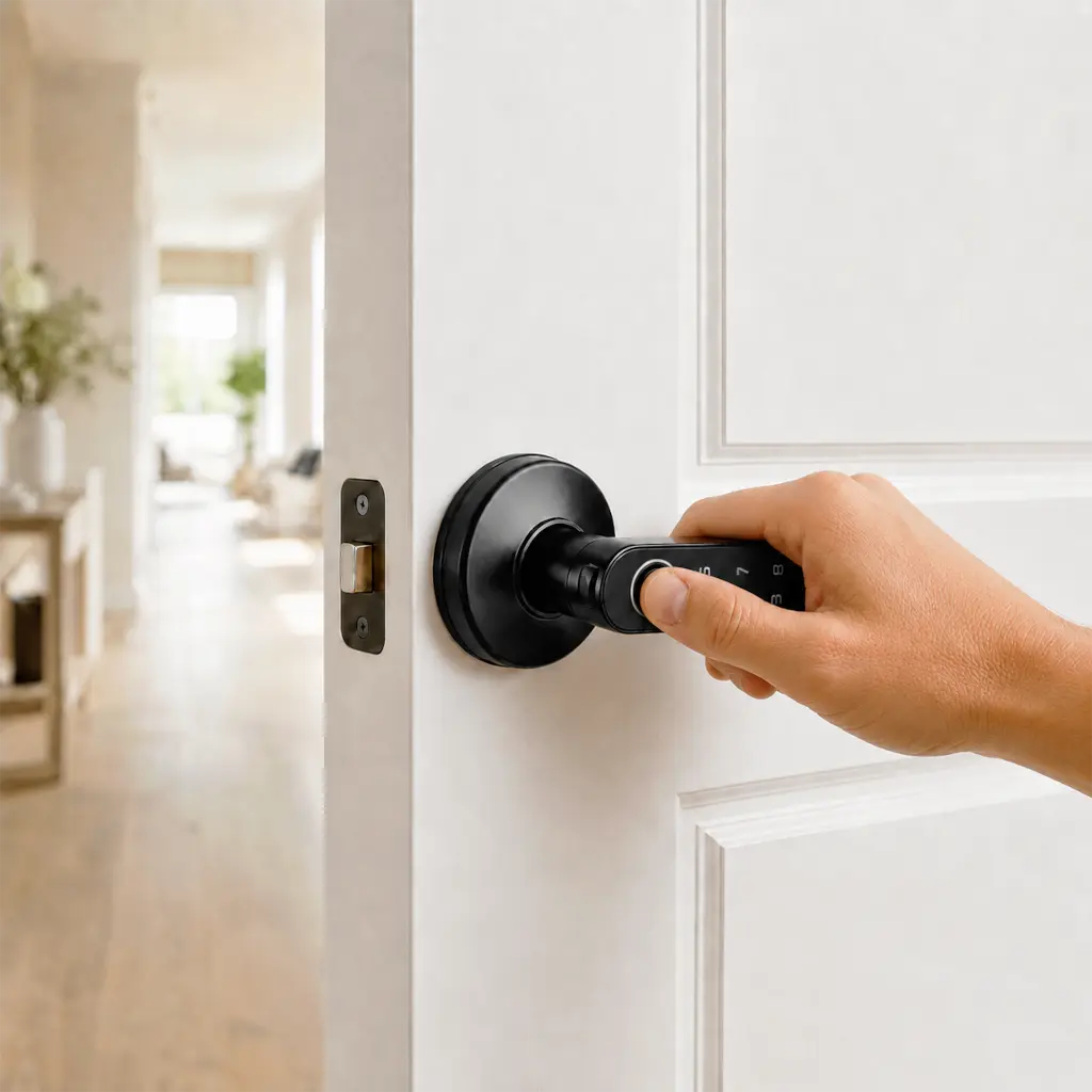 A hand operating a black electronic keypad door lock on a white paneled door, with a blurred hallway in the background.