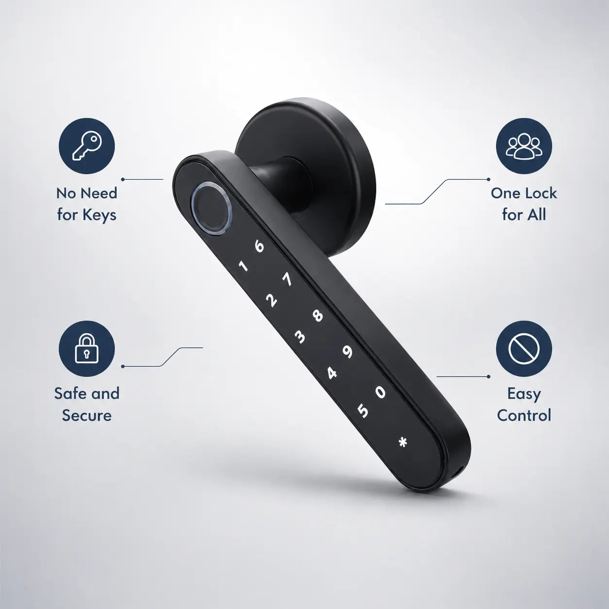 Black digital door lock with features highlighted on a light gray background