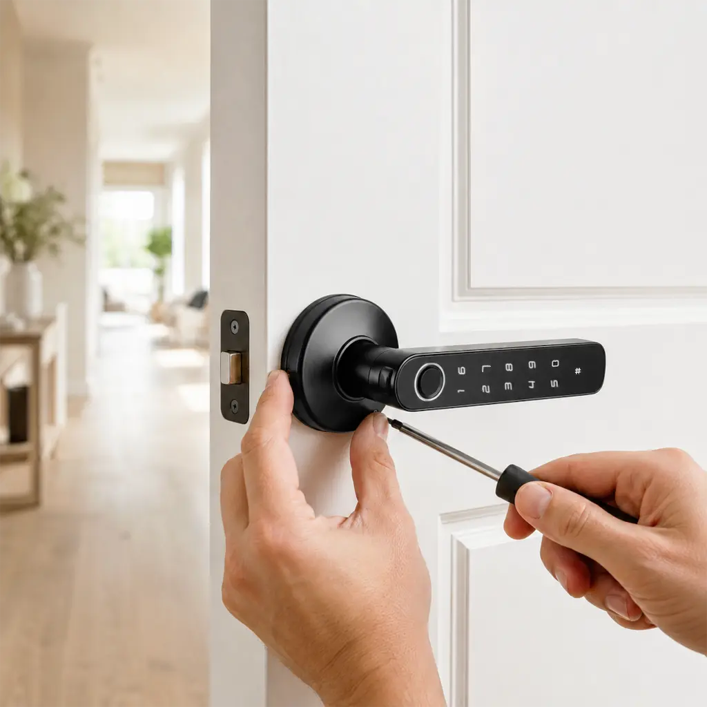 A black electronic keypad door lock handle being installed or adjusted on a white interior door, with a person's hands holding the handle and using a screwdriver. A blurred hallway is visible in the background.
