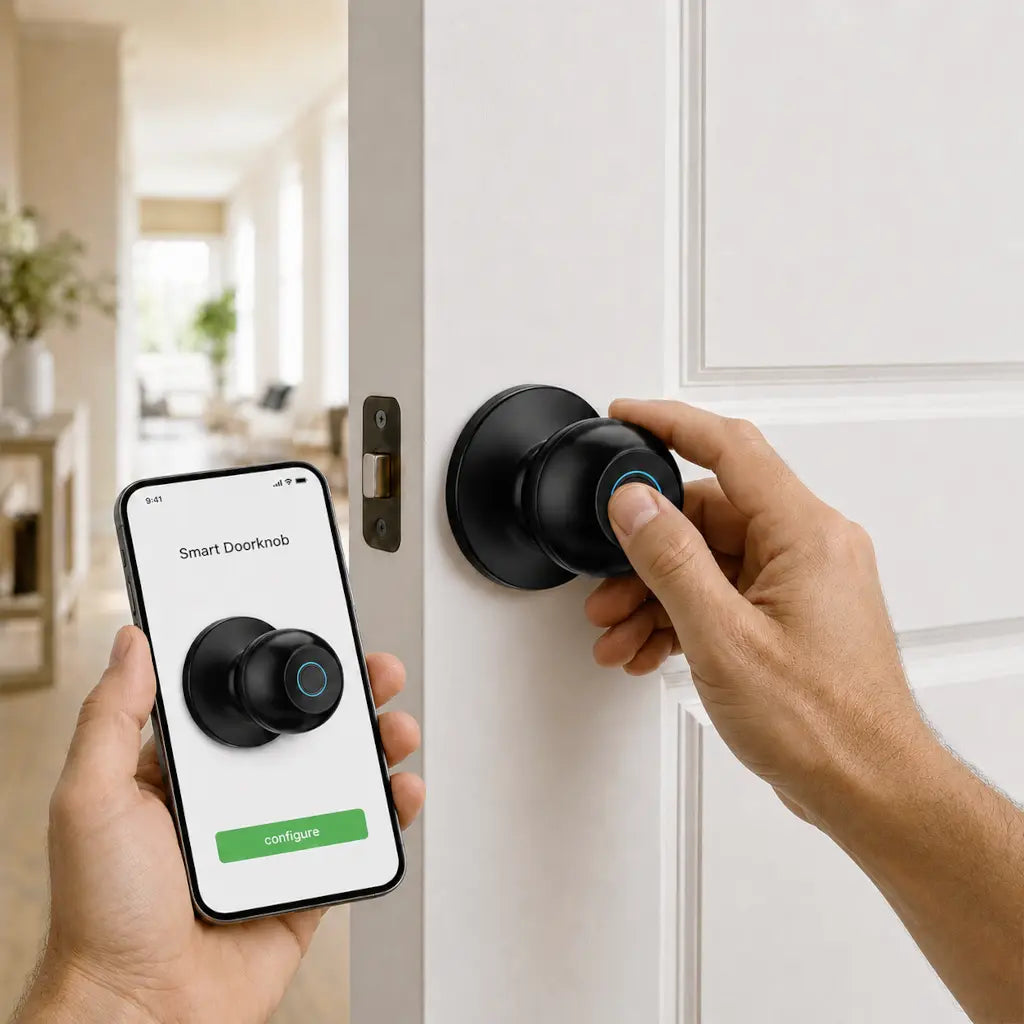 A person's hands are shown interacting with a black smart doorbell attached to a white door, while holding a smartphone that displays an app interface labeled 'Smart Doorbell'.