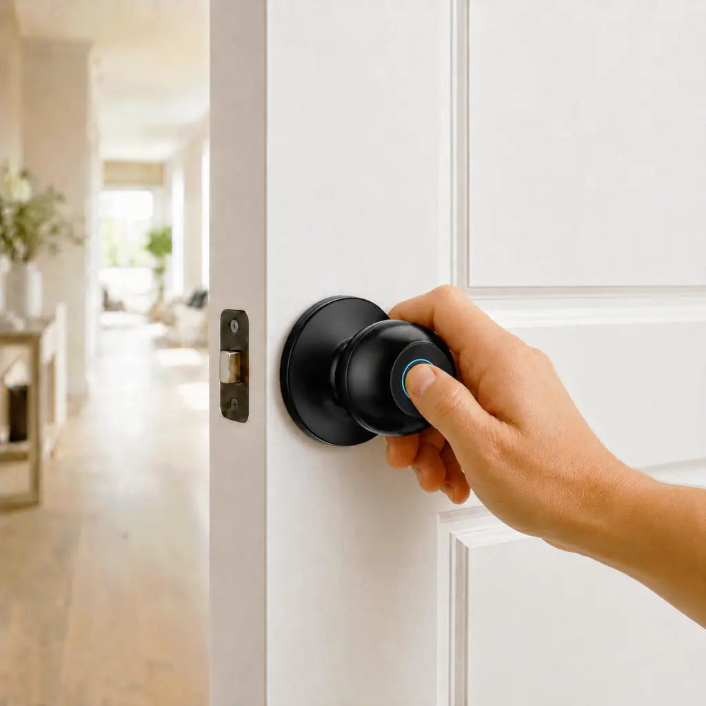 A hand turning a matte black round door knob on a white paneled door, with a blurred hallway in the background.