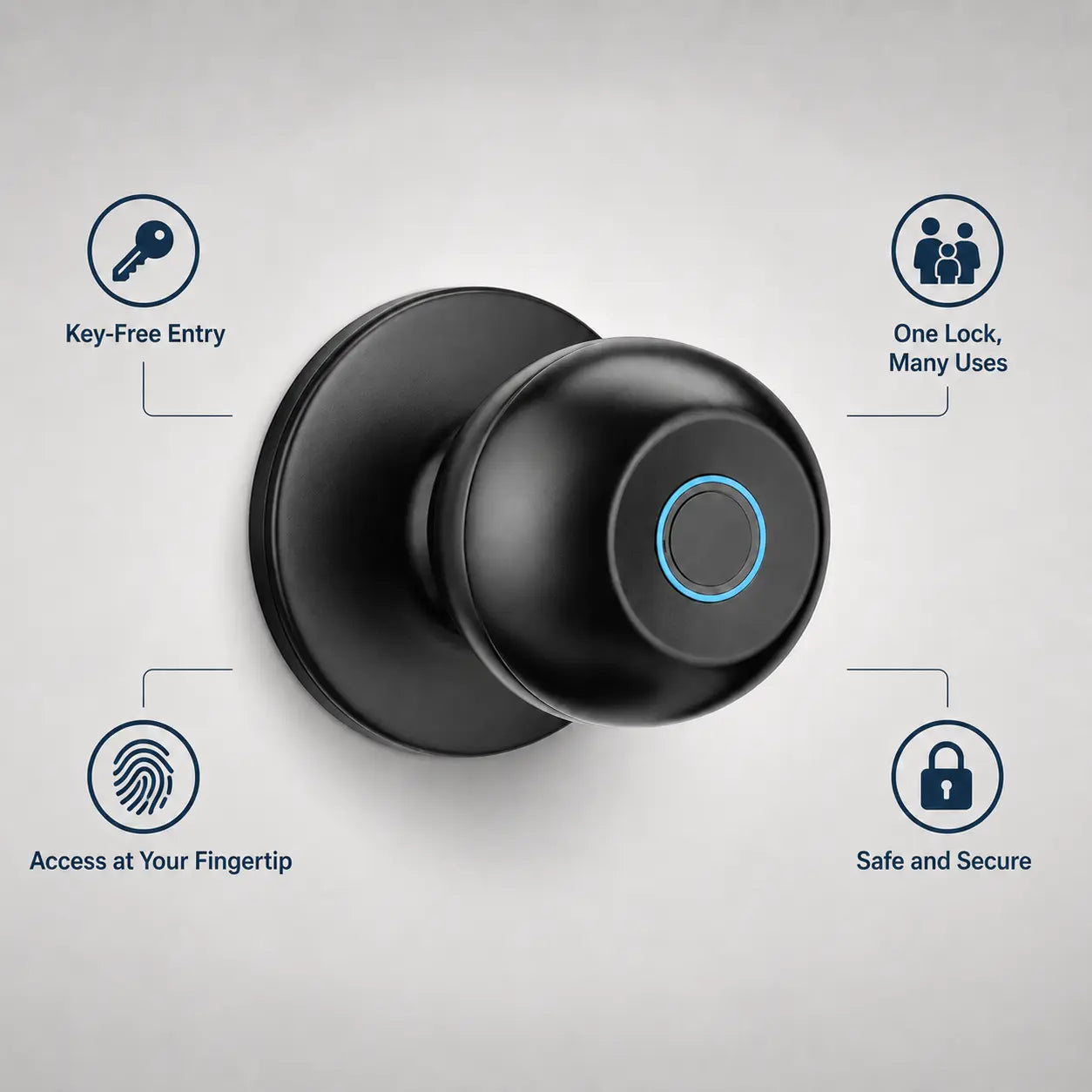 A matte black smart doorbell mounted on a wall, shown with feature callouts including key-free entry, one lock many uses, access at your fingertip, and safe and secure.