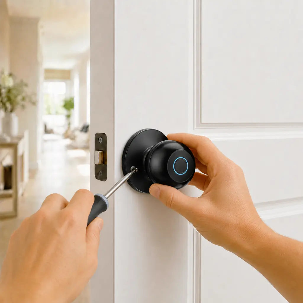 A person's hands installing a black smart doorbell with a blue ring light on a white interior door, using a screwdriver to secure it.