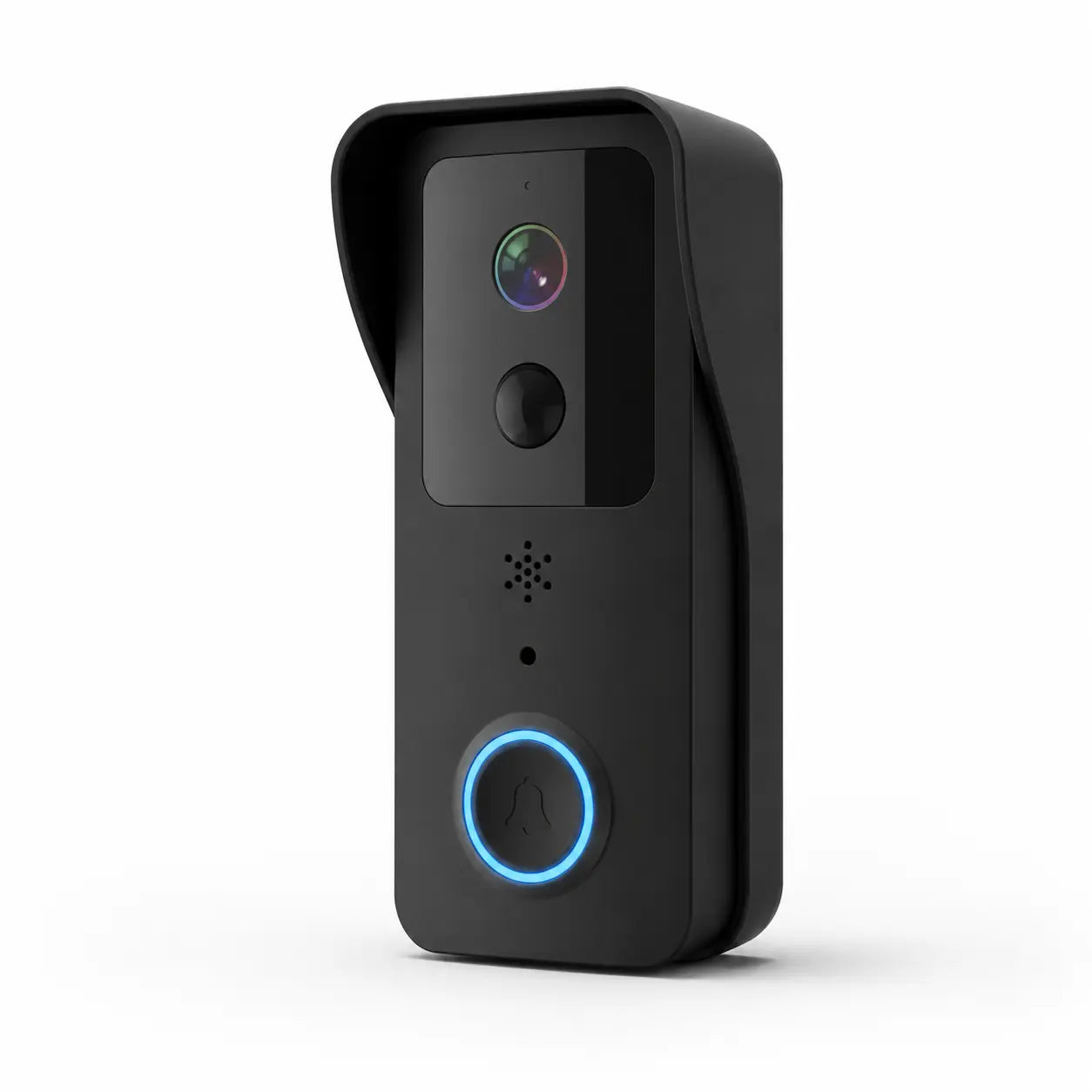 A black smart video doorbell with a blue illuminated button ring, shown from a three-quarter angle on a clean white background.