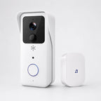 A white smart video doorbell with a black camera panel and blue accent ring, shown next to a matching white wireless receiver with a blue music note icon on a light gray background.
