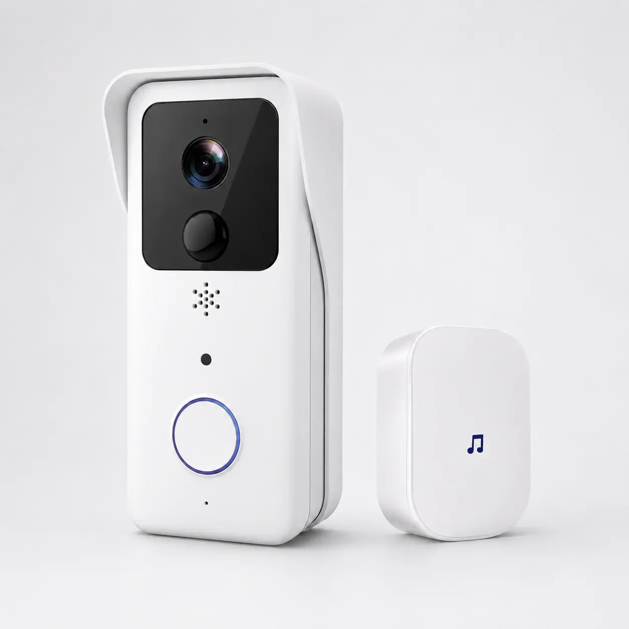 A white smart video doorbell with a black camera panel and blue accent ring, shown next to a matching white wireless receiver with a blue music note icon on a light gray background.