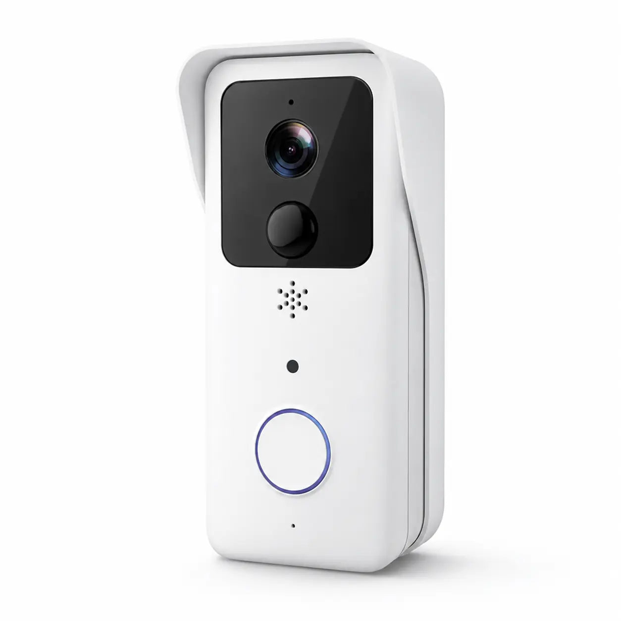 A white smart security camera with a black camera lens panel, a blue ring around the main button, and a small speaker grille, shown on a clean white background.