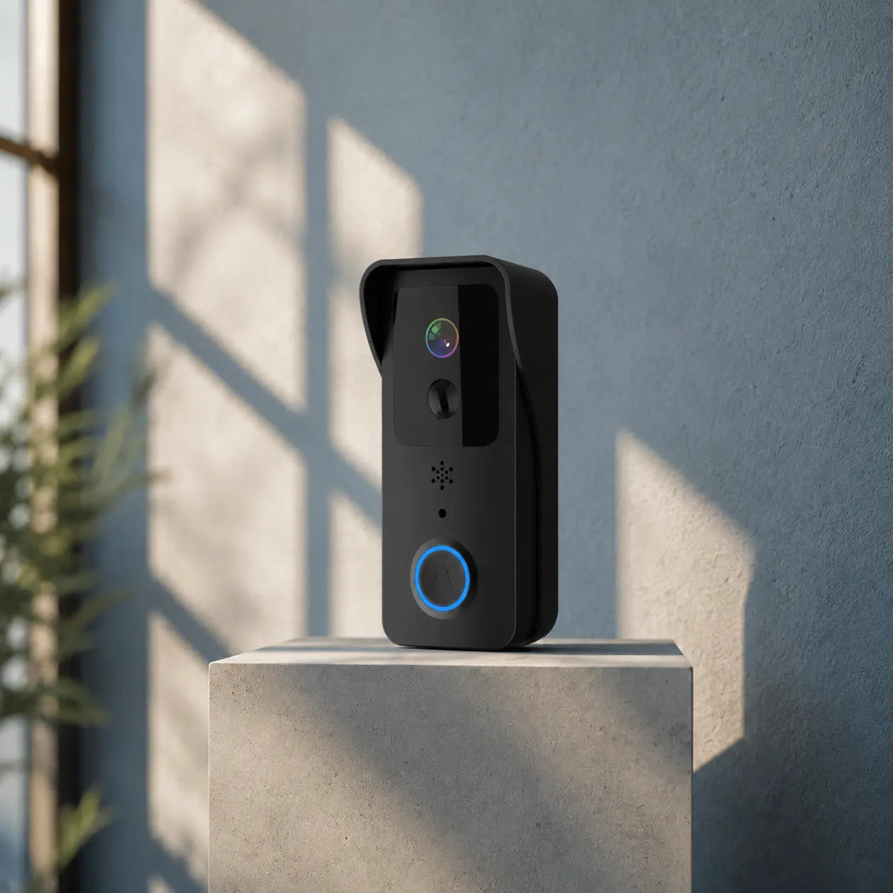 A black smart video doorbell with a blue illuminated button ring, standing on a concrete pedestal against a textured gray wall with soft window shadows.