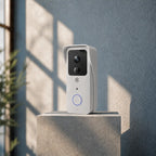 A white smart security camera with a black front panel and a blue circular button, displayed on a concrete pedestal against a textured blue-gray wall with soft window shadows.