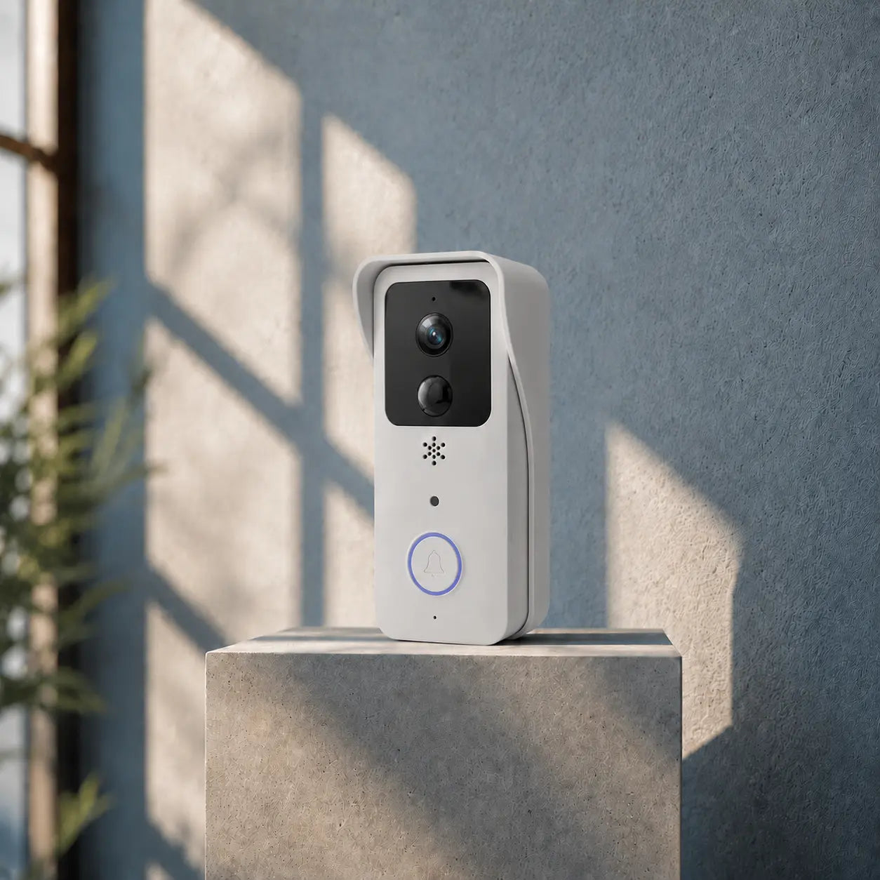 A white smart security camera with a black front panel and a blue circular button, displayed on a concrete pedestal against a textured blue-gray wall with soft window shadows.