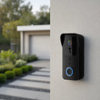 A black smart video doorbell mounted on a light gray exterior wall, with a blurred outdoor driveway and house in the background. The doorbell has a circular blue-lit button and a front-facing camera lens.