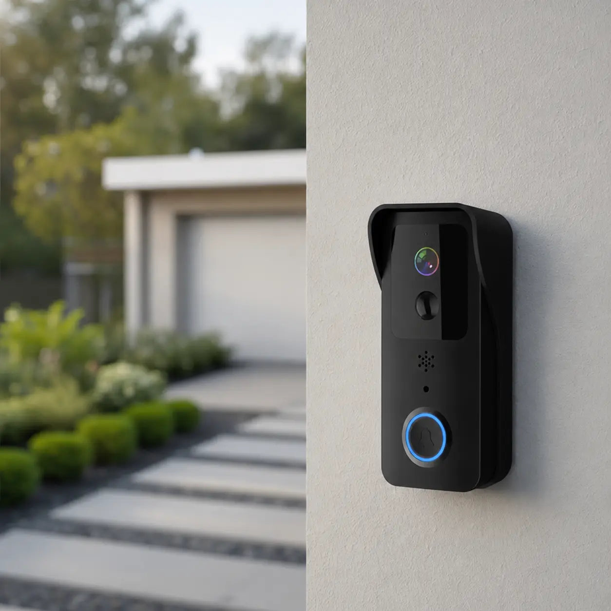 A black smart video doorbell mounted on a light gray exterior wall, with a blurred outdoor driveway and house in the background. The doorbell has a circular blue-lit button and a front-facing camera lens.