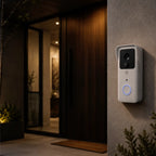 A modern white smart video doorbell with a black camera lens panel and a glowing blue ring button, mounted on a textured gray concrete wall next to a dark wooden entryway door.