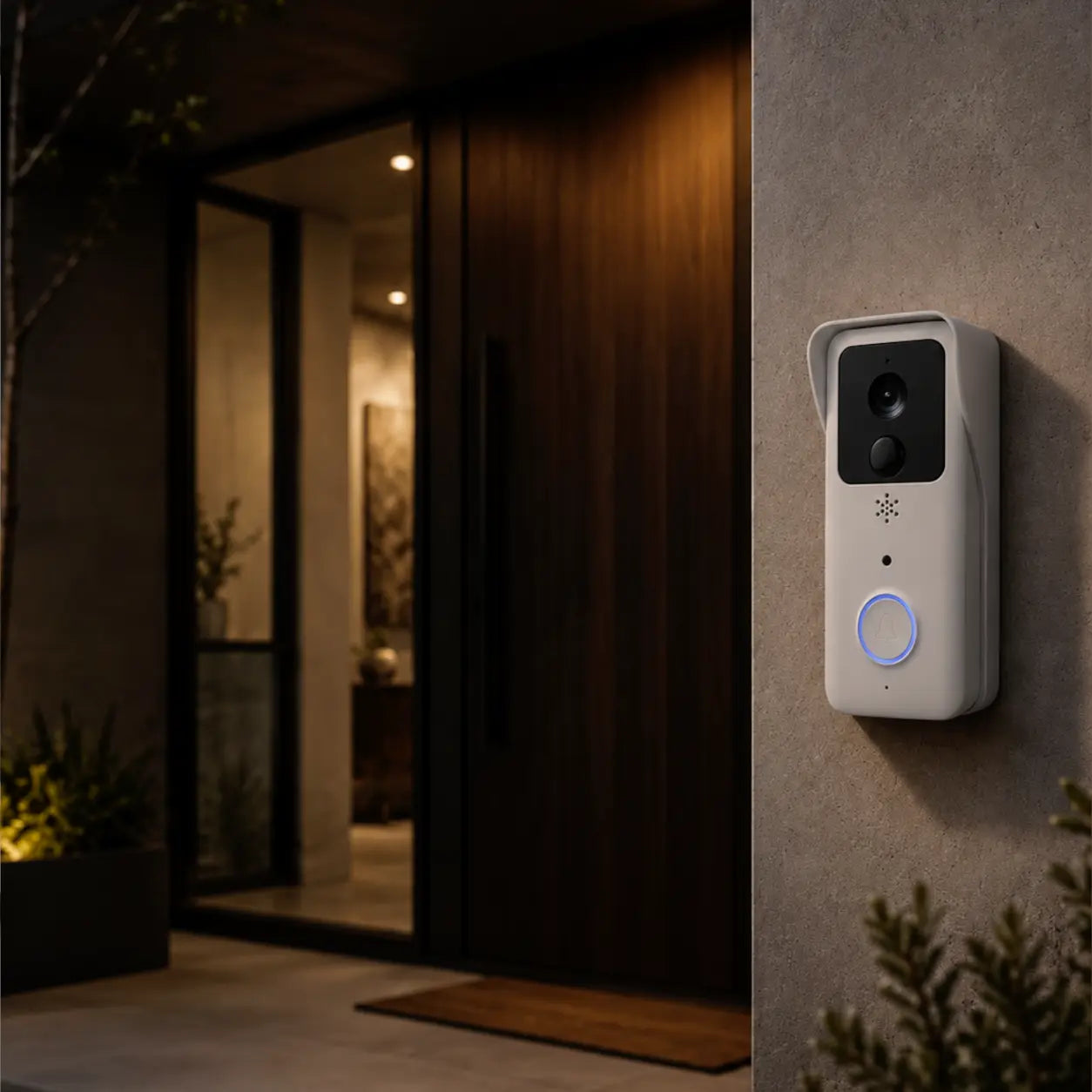 A modern white smart video doorbell with a black camera lens panel and a glowing blue ring button, mounted on a textured gray concrete wall next to a dark wooden entryway door.