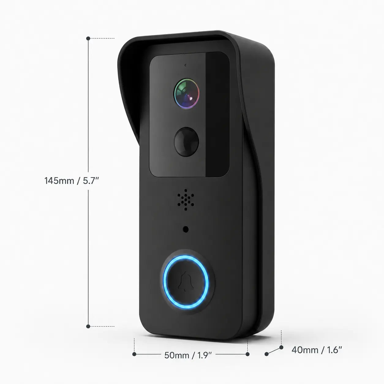 Black smart video doorbell with dimension annotations showing height of 145mm (5.7") and width of 50mm (1.