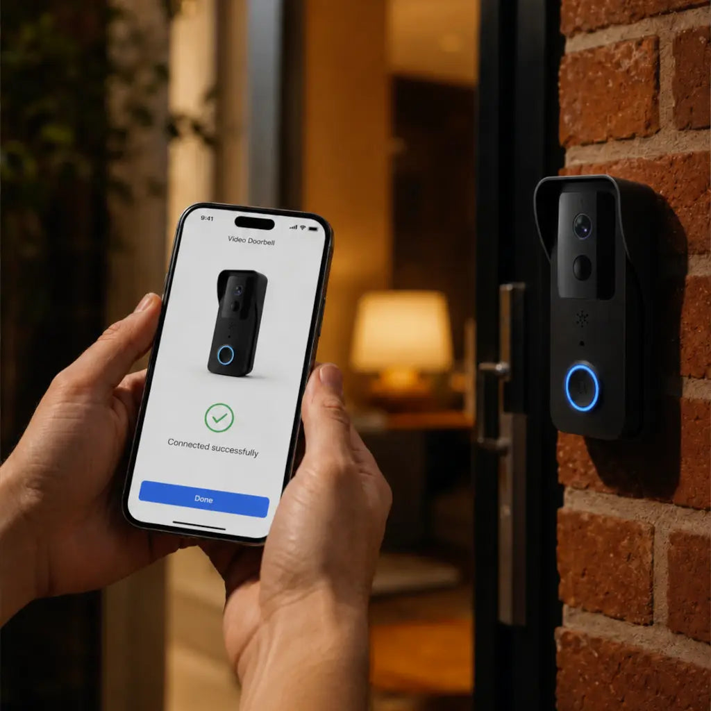 A person holds a smartphone showing a connected video doorbell app screen next to a black smart video doorbell mounted on a brick wall at night.