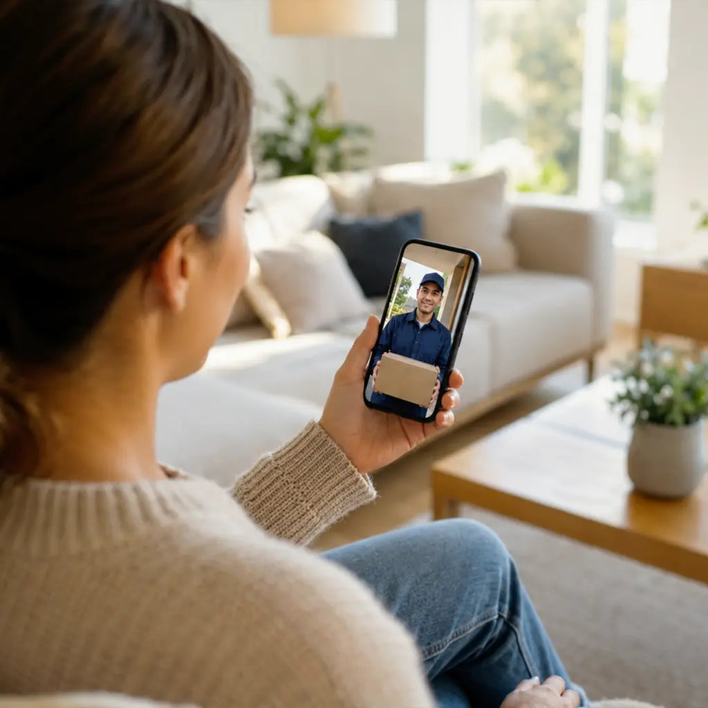 A woman in a cozy living room sits on a sofa, holding up a smartphone to show a video call with a delivery person. The scene is brightly lit with natural light coming from a window in the background.