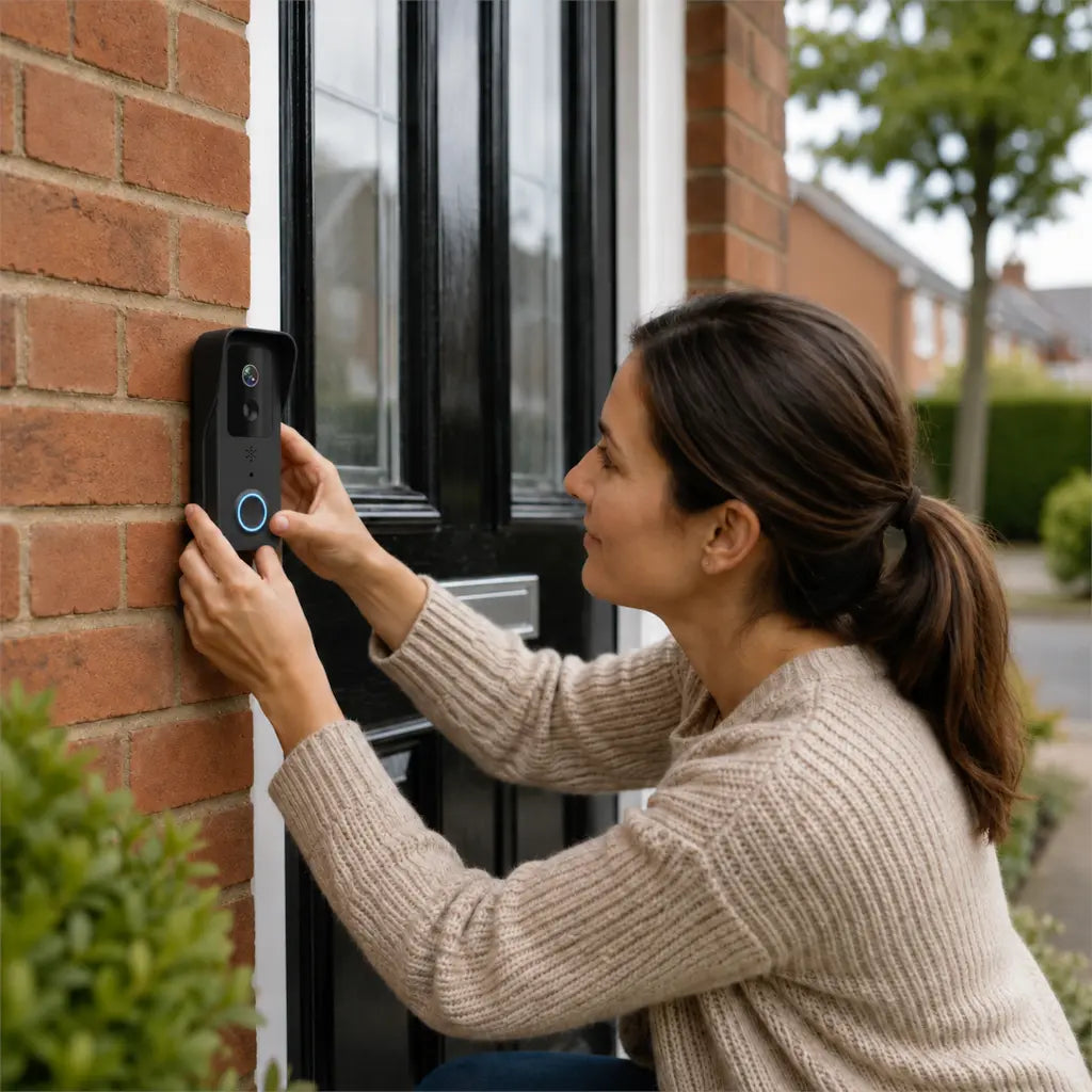 A woman in a beige sweater installs a black smart video doorbell with a blue ring light on a brick wall next to a black front door.