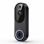 A modern black smart video doorbell with a glossy finish, featuring a central camera lens, a small sensor above it, and a large circular button at the bottom with a glowing blue ring around a black bell icon.
