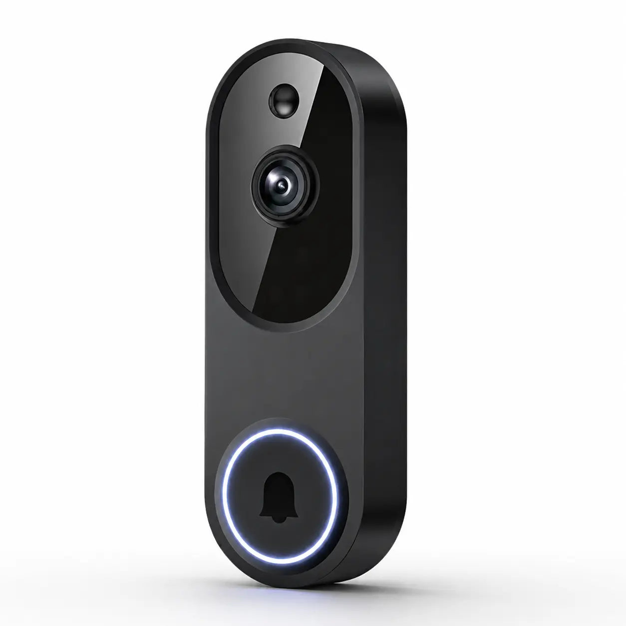 A modern black smart video doorbell with a glossy finish, featuring a central camera lens, a small sensor above it, and a large circular button at the bottom with a glowing blue ring around a black bell icon.