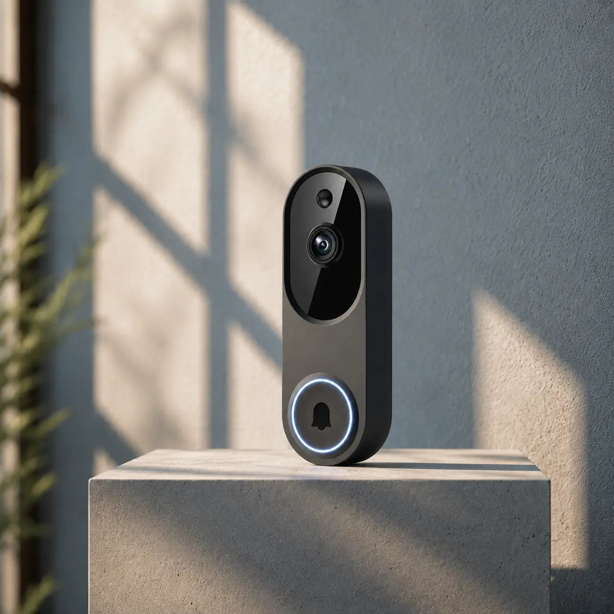 A modern black smart video doorbell with a circular light ring stands on a concrete pedestal against a textured gray wall with soft window shadows.