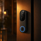 A modern black smart video doorbell with a glowing blue ring around the call button, mounted on a warm brown door in a softly blurred nighttime setting.