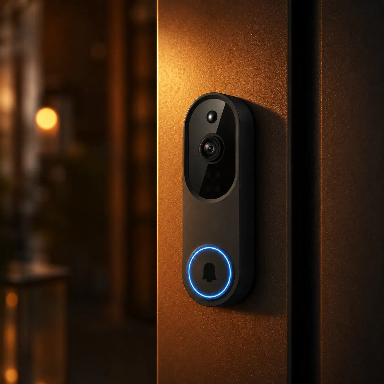 A modern black smart video doorbell with a glowing blue ring around the call button, mounted on a warm brown door in a softly blurred nighttime setting.