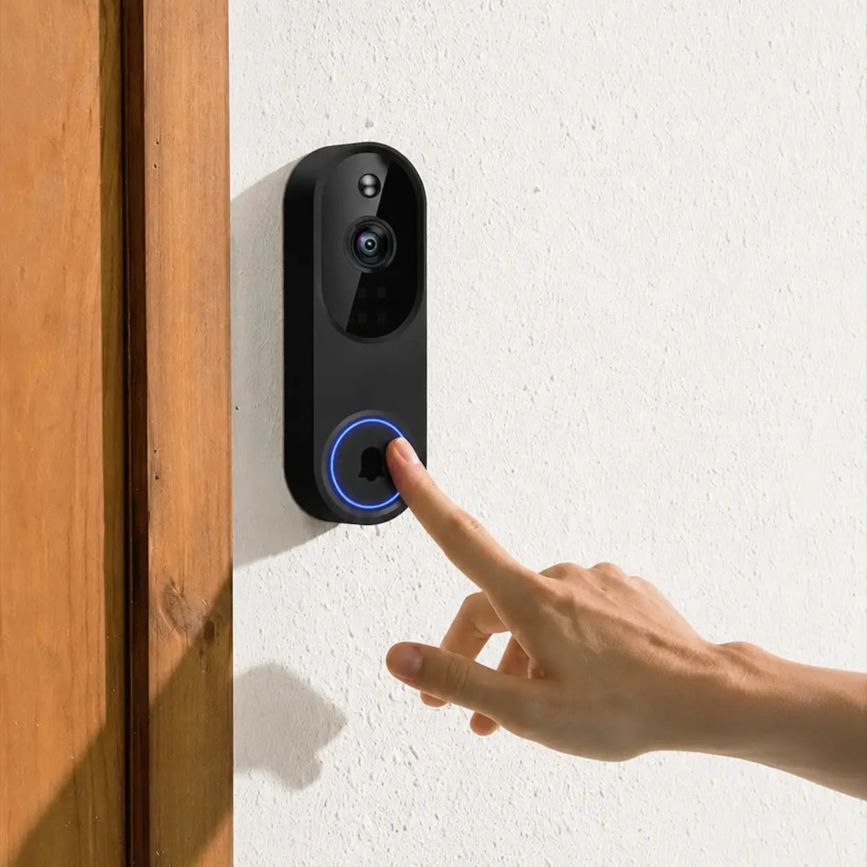 A black smart video doorbell mounted on a white textured wall next to a wooden door frame, with a hand pressing the blue-lit button area.