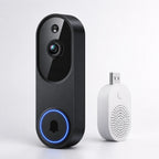 A black smart video doorbell with a blue LED ring and a small white USB wireless receiver, shown on a clean light gray background.