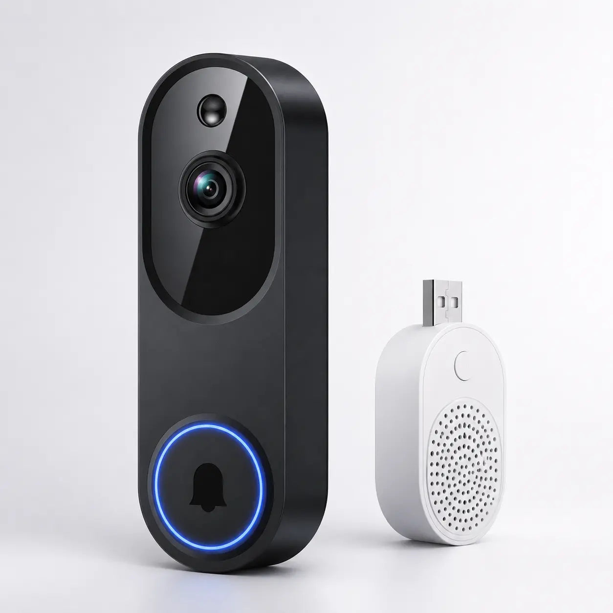 A black smart video doorbell with a blue LED ring and a small white USB wireless receiver, shown on a clean light gray background.