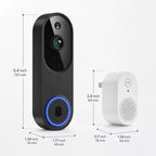 Smart video doorbell and matching receiver shown on a light gray background with dimension labels and measurement lines. The doorbell is tall black with a blue ring light and front-facing camera; the receiver is small white with a plug and speaker grille.