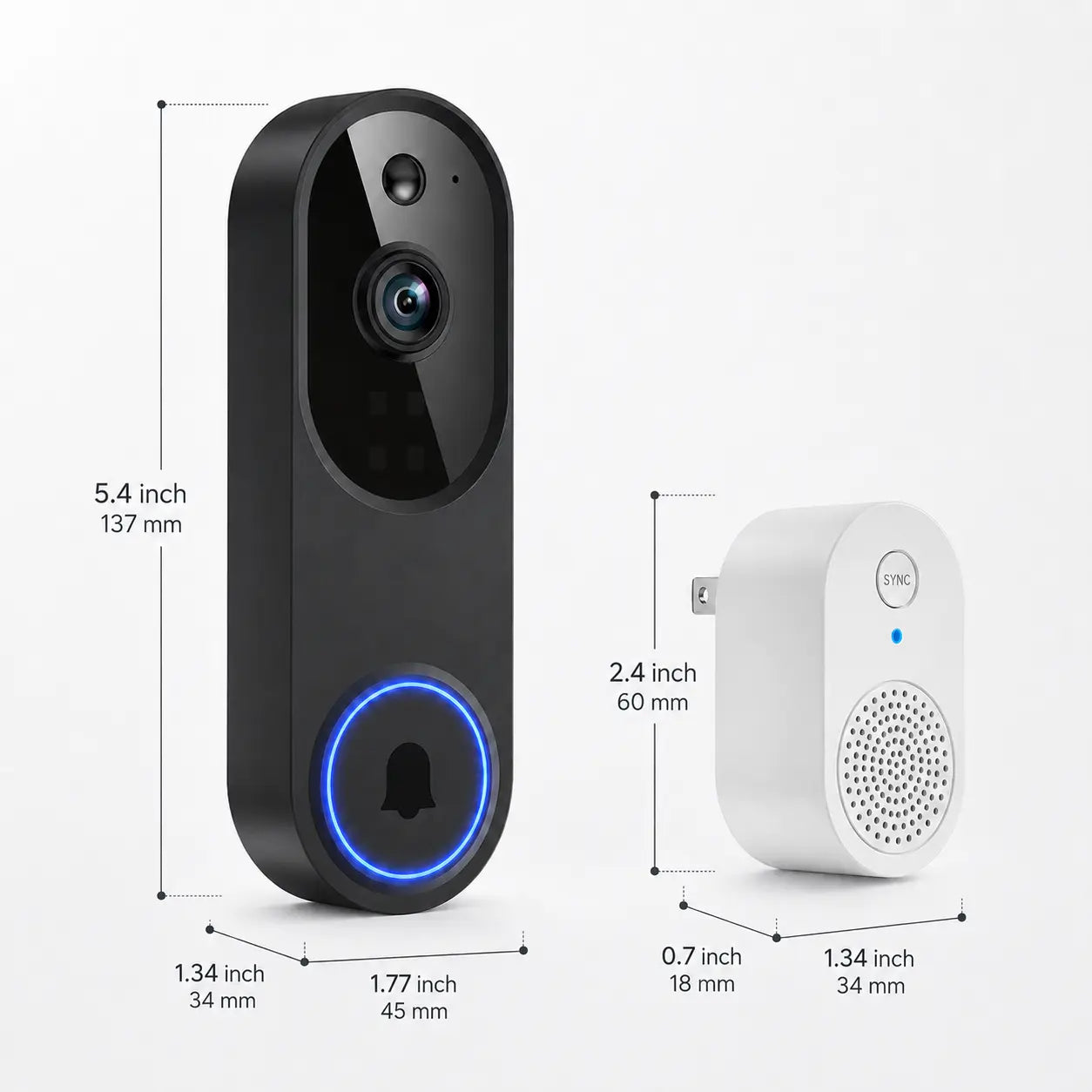 Smart video doorbell and matching receiver shown on a light gray background with dimension labels and measurement lines. The doorbell is tall black with a blue ring light and front-facing camera; the receiver is small white with a plug and speaker grille.