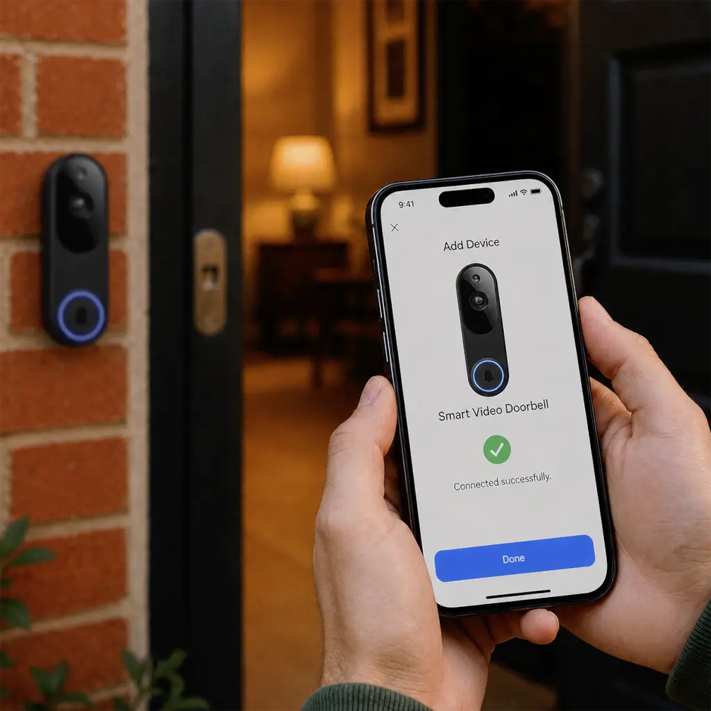 A person holds a smartphone showing a connected smart video doorbell app screen, with a black smart video doorbell mounted on a brick doorbell wall to the left.