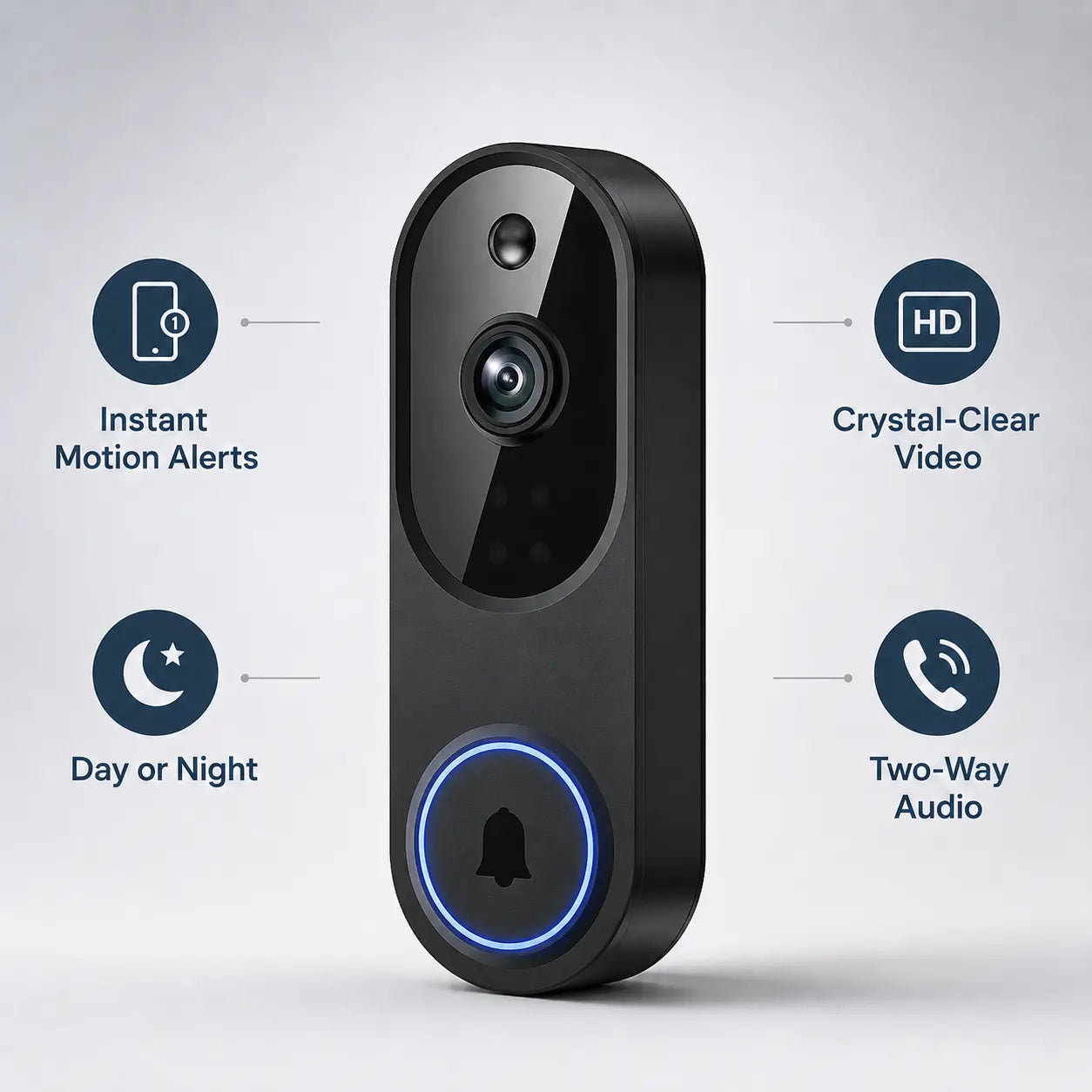 Black smart video doorbell with a blue illuminated ring, shown on a light gray background with feature callouts: instant motion alerts, crystal-clear video, day or night, and two-way audio.