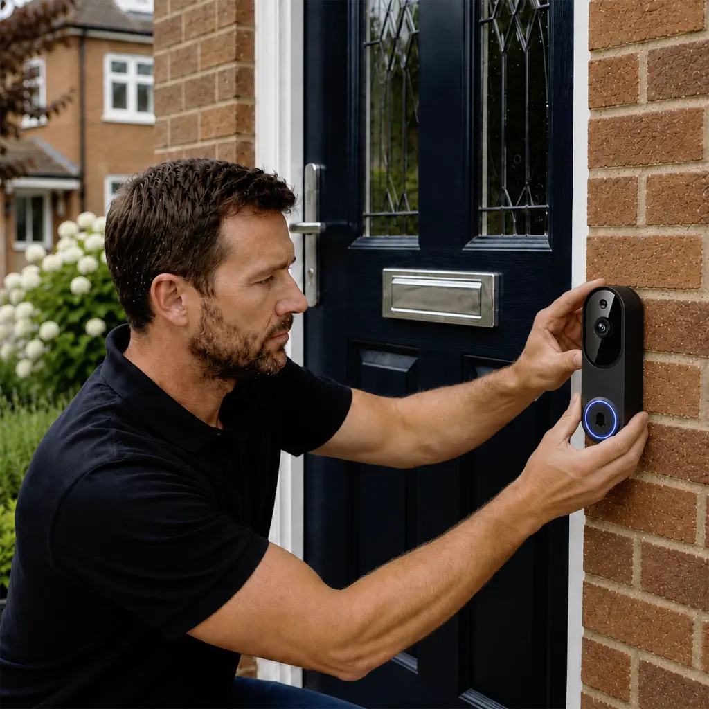 A man in a black polo shirt installs a black smart video doorbell with a blue ring light on a brick wall next to a dark blue front door.