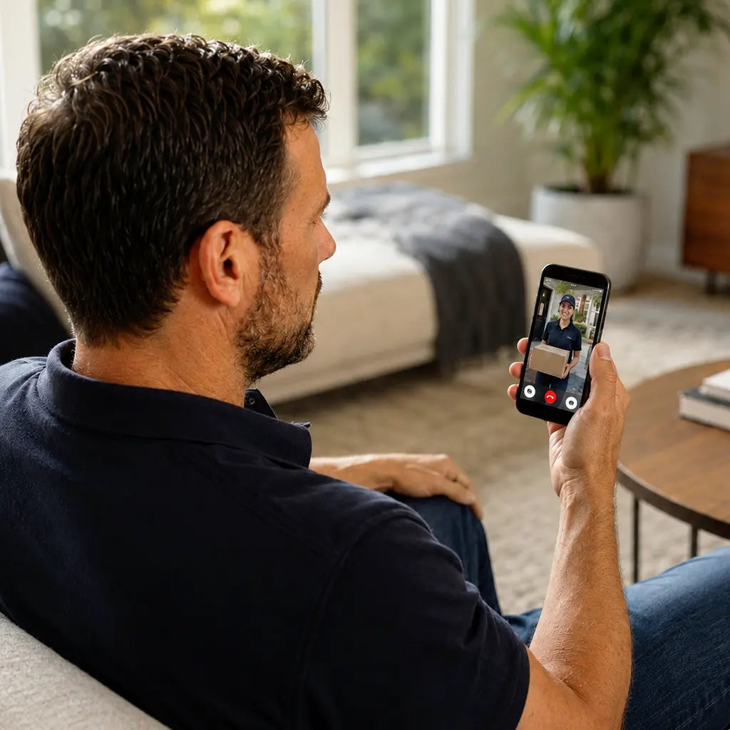 Man sitting on a couch holding a smartphone with a live view from a smart doorbell camera, in a living room setting.