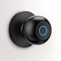 A modern matte black smart doorbell with a circular blue LED light ring, mounted on a matching round black wall plate against a clean white background.