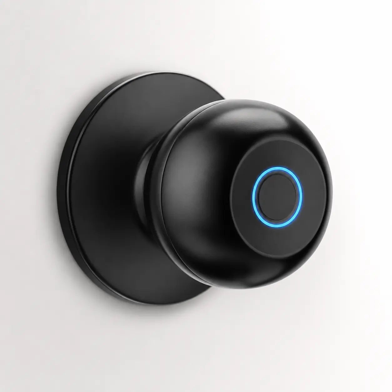 A modern matte black smart doorbell with a circular blue LED light ring, mounted on a matching round black wall plate against a clean white background.