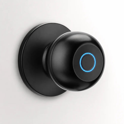 A modern matte black smart doorbell with a circular blue LED light ring, mounted on a matching round black wall plate against a clean white background.