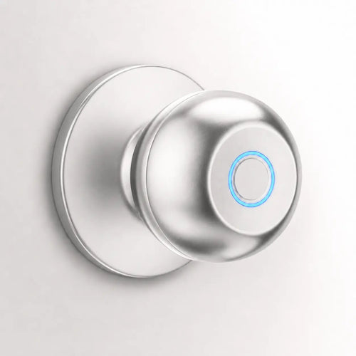 A modern brushed silver smart doorbell with a circular blue LED indicator ring, shown mounted on a light gray wall.